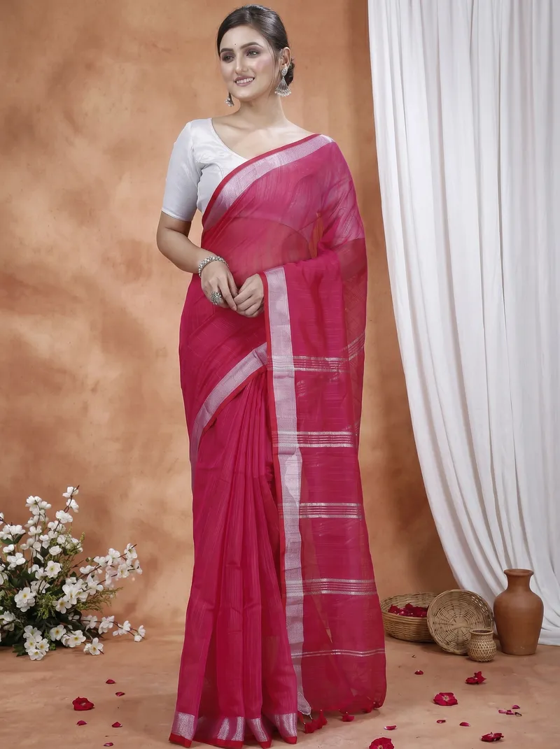 DipDiya Blended Cotton  Traditional Bengali Pink Artisan Crafted Toshini Handloom Saree