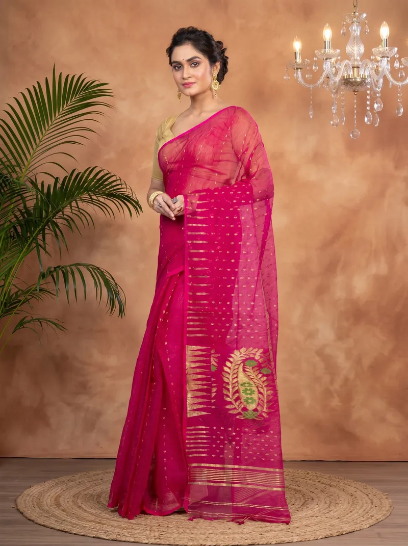 DipDiya Blended Cotton  Traditional Bengali Purple Artisan Crafted HALF JAMDINE Jamdani Saree