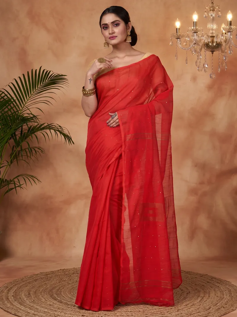 DipDiya Blended Cotton  Traditional Bengali Red Artisan Crafted Sequence Handloom Saree