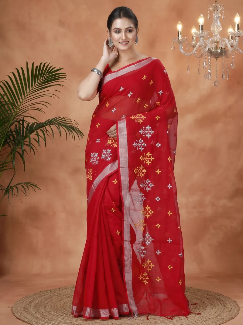 DipDiya Blended Cotton  Traditional Bengali Red Artisan Crafted Tamasi Handloom Saree