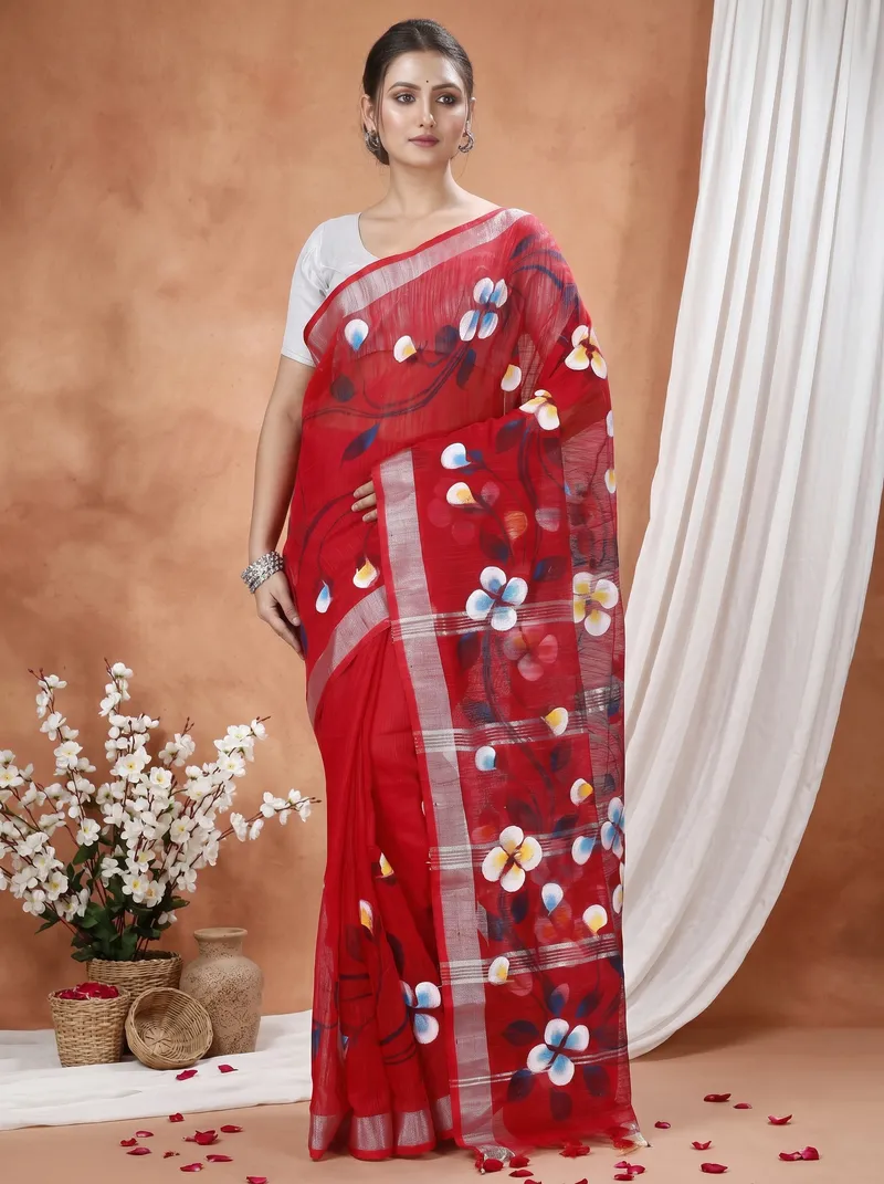 DipDiya Blended Cotton  Traditional Bengali Red Artisan Crafted Tonika Hand Painted Saree