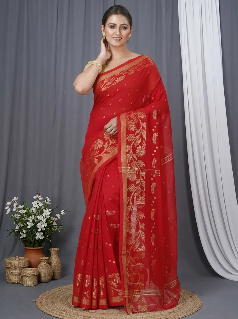 DipDiya Blended Cotton  Traditional Bengali Red Artisan Crafted Turik Handloom Saree