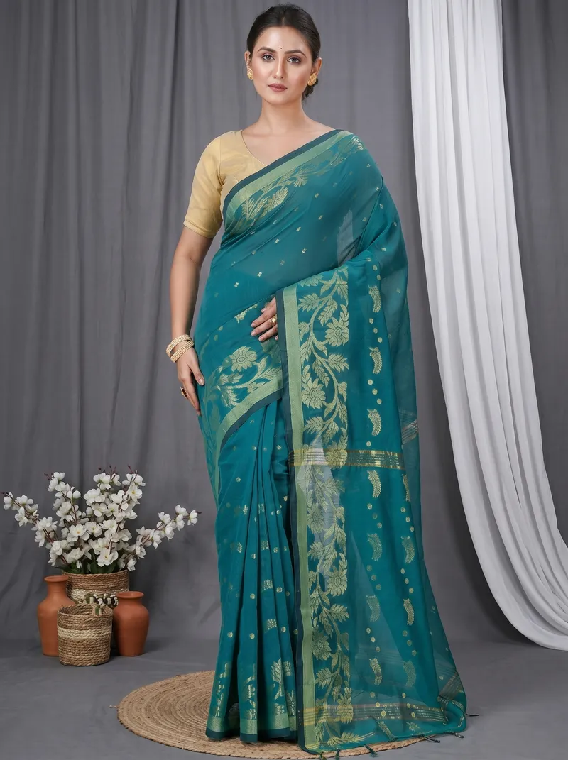DipDiya Blended Cotton  Traditional Bengali See Green Artisan Crafted Turik Handloom Saree
