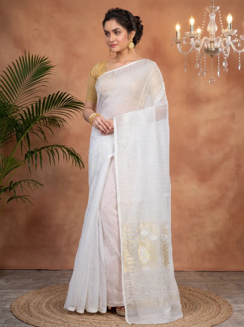 DipDiya Blended Cotton  Traditional Bengali White Artisan Crafted HALF JAMDINE Jamdani Saree