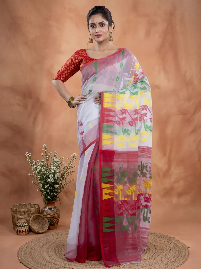 DipDiya Blended Cotton  Traditional Bengali White Red Artisan Crafted Moha Jamdani Jamdani Saree