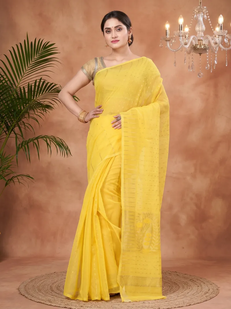 DipDiya Blended Cotton  Traditional Bengali Yellow Artisan Crafted HALF JAMDINE Jamdani Saree