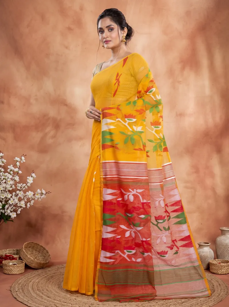 DipDiya Blended Cotton  Traditional Bengali Yellow Artisan Crafted Moha Jamdani Jamdani Saree