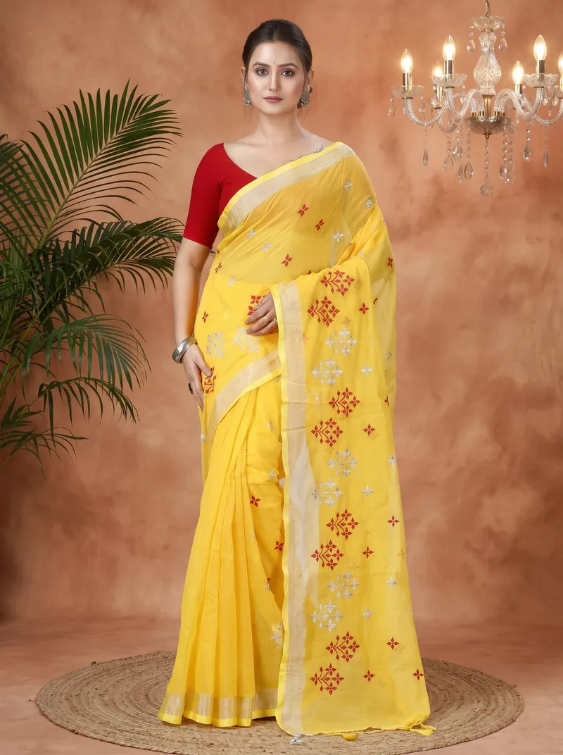 DipDiya Blended Cotton  Traditional Bengali Yellow Artisan Crafted Tamasi Handloom Saree