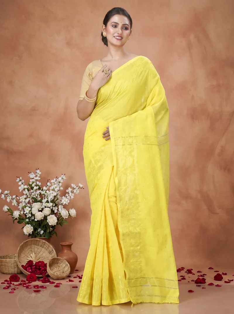 DipDiya Blended Cotton  Traditional Bengali Yellow Artisan Crafted Temo Handloom Saree