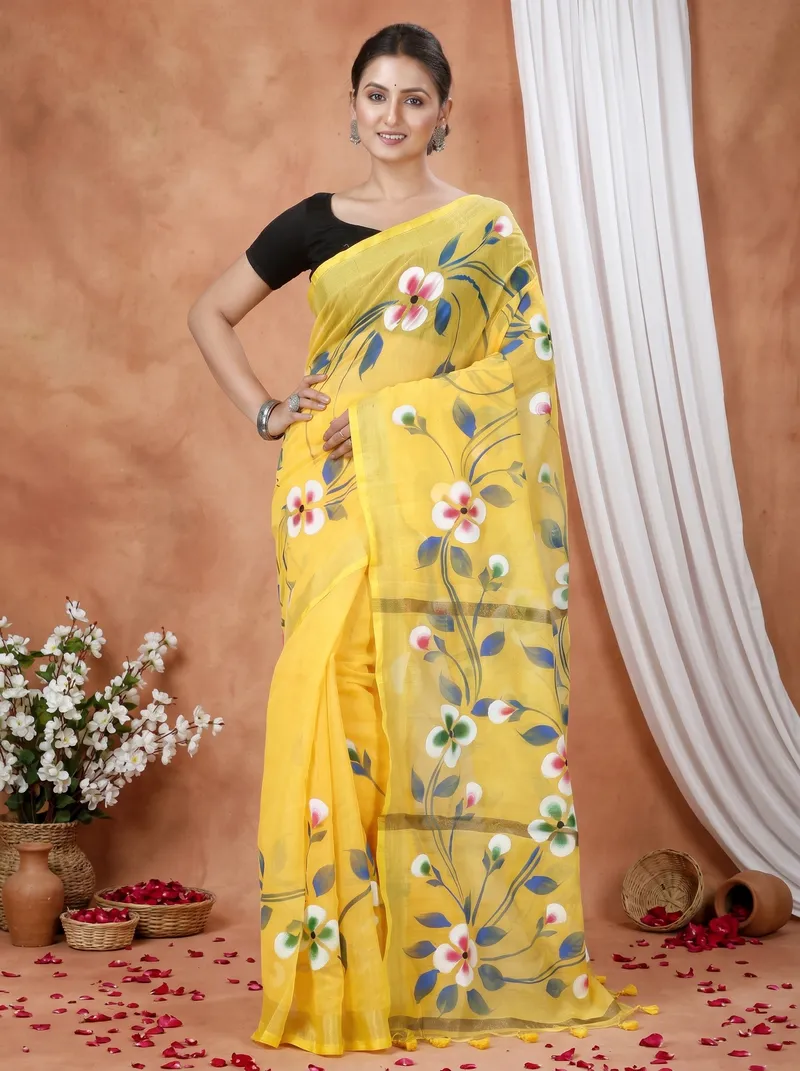 DipDiya Blended Cotton  Traditional Bengali Yellow Artisan Crafted Tonika Hand Painted Saree