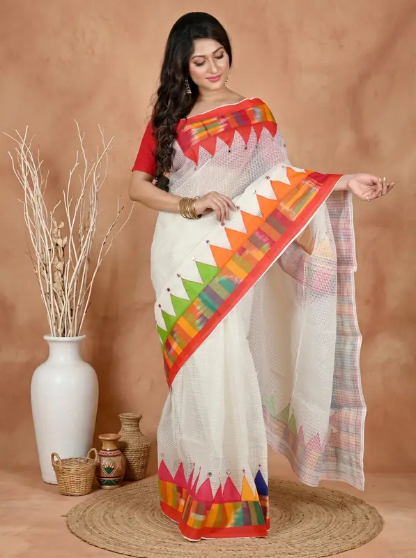 DipDiya Blended Cotton White Aplika Mix Artisan Woven Applique Sarees