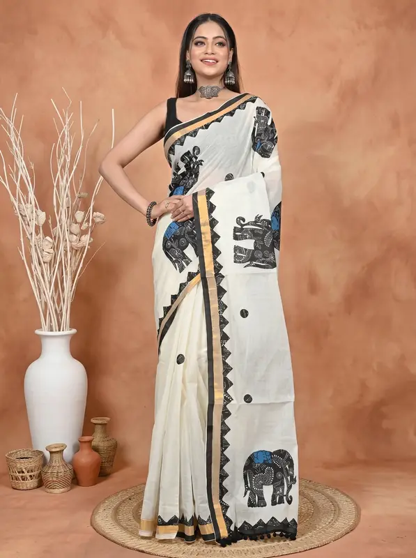 DipDiya Blended Cotton White Black Aplika Mix Heritage of Bengali Applique Sarees