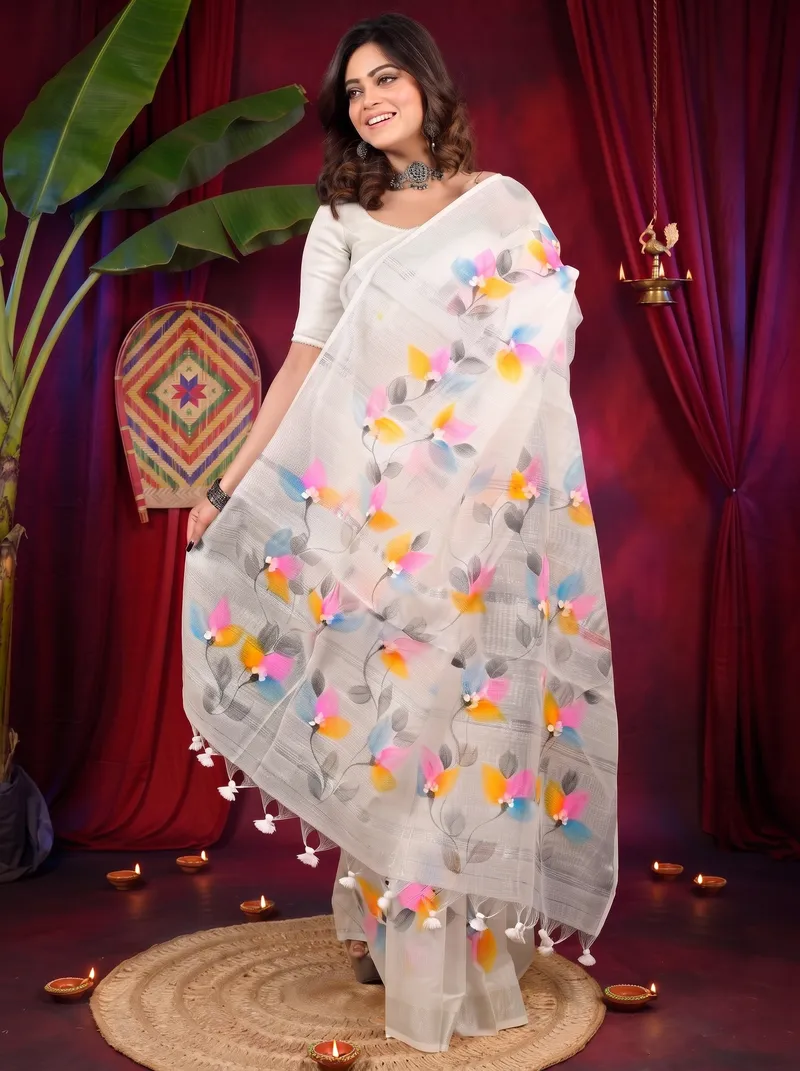 DipDiya Blended Cotton White Finesi Loom to Love Hand Painted Sarees