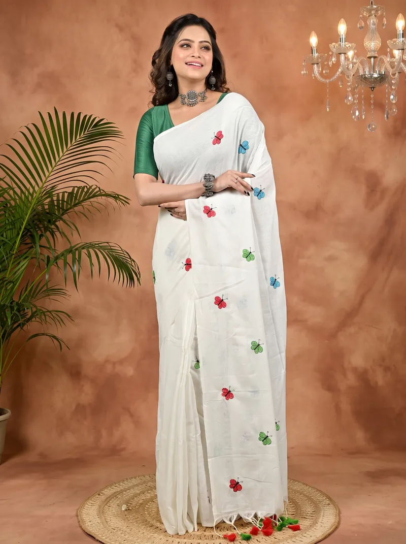 DipDiya Blended Cotton White Foyeli Pure Bengali Grace Embroidery Handloom sarees