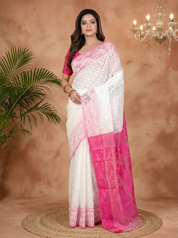 DipDiya Blended Cotton White Purple Krokai Bengal’s Tradition Jamdani Sarees