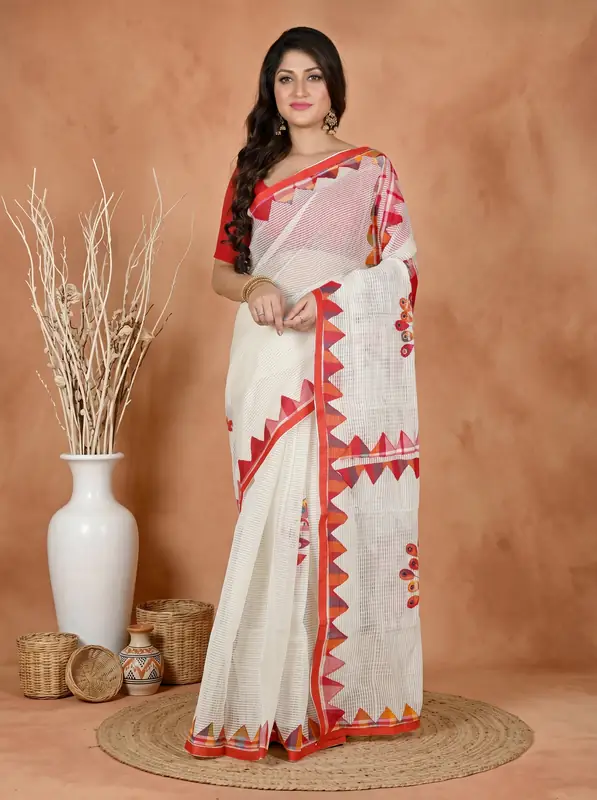 DipDiya Blended Cotton White Red Aplika Mix A Legacy Woven Applique Sarees