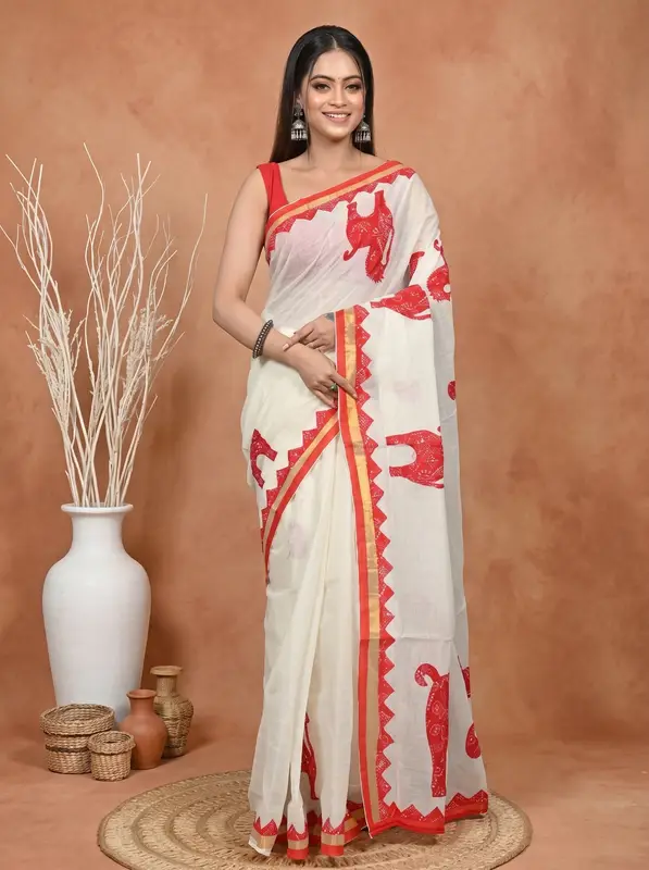 DipDiya Blended Cotton White Red Aplika Mix Heritage of Bengali Applique Sarees