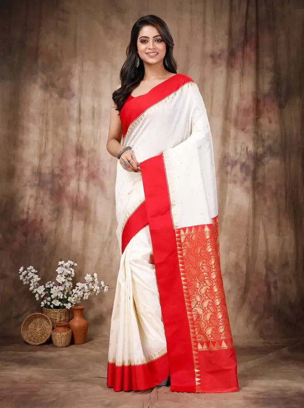 DipDiya Blended Cotton White Red Gourigorod Ankit A Legacy Woven Handloom Sarees