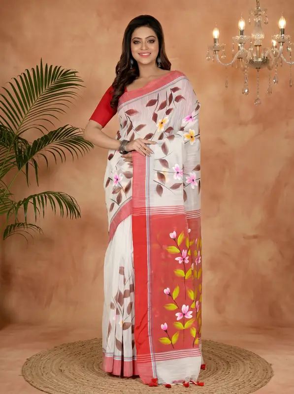 DipDiya Blended Cotton White Red Slabakato Heritage of Bengal Hand Painted Sarees