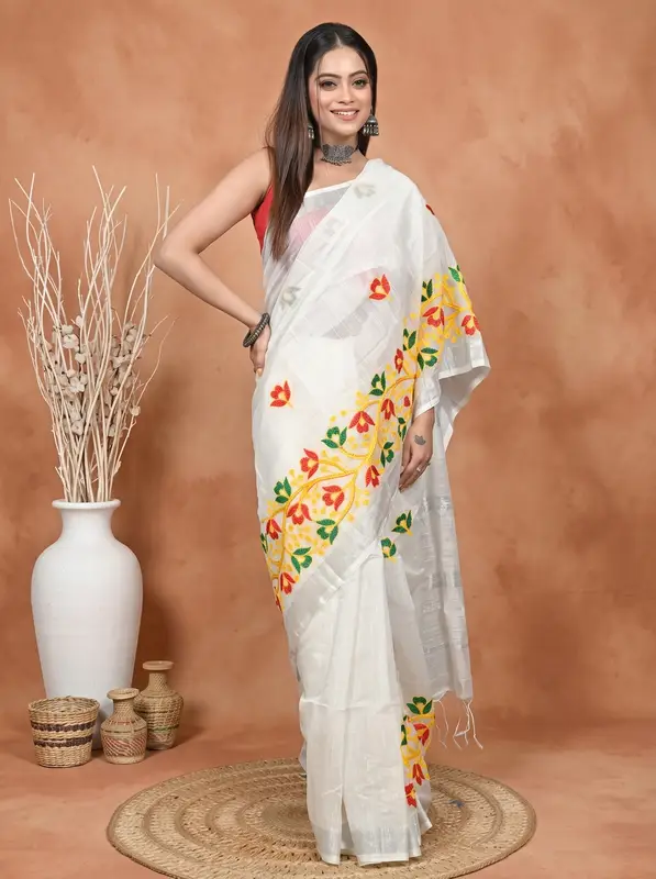 DipDiya Blended Cotton White Samyra Heritage of Bengali Embroidery Handloom sarees