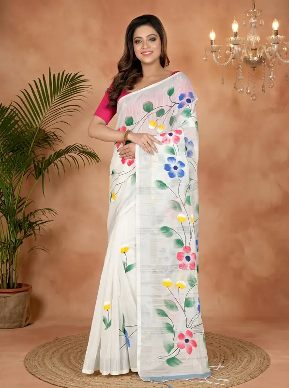DipDiya Blended Cotton White Slabaka Ful Handcrafted Elegance Hand Painted Sarees