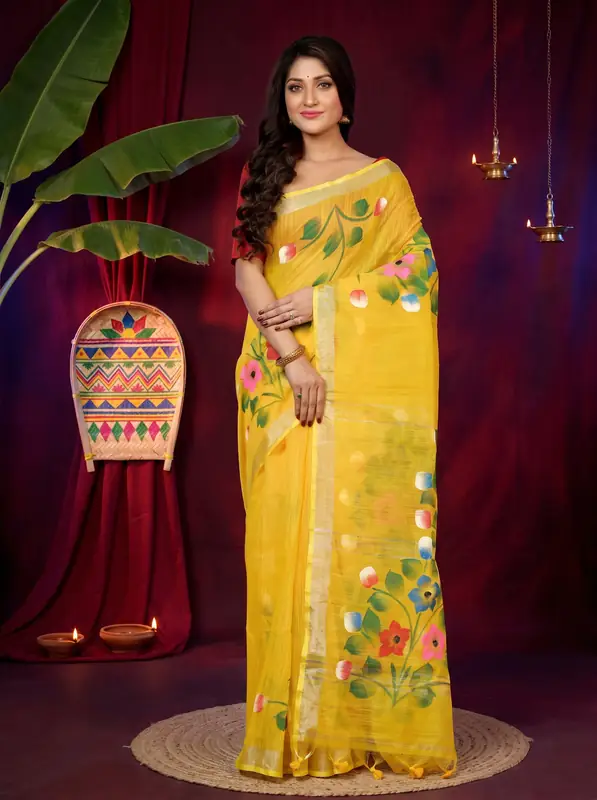 DipDiya Blended Cotton Yellow Anito Threads of Tradition Hand Painted Sarees