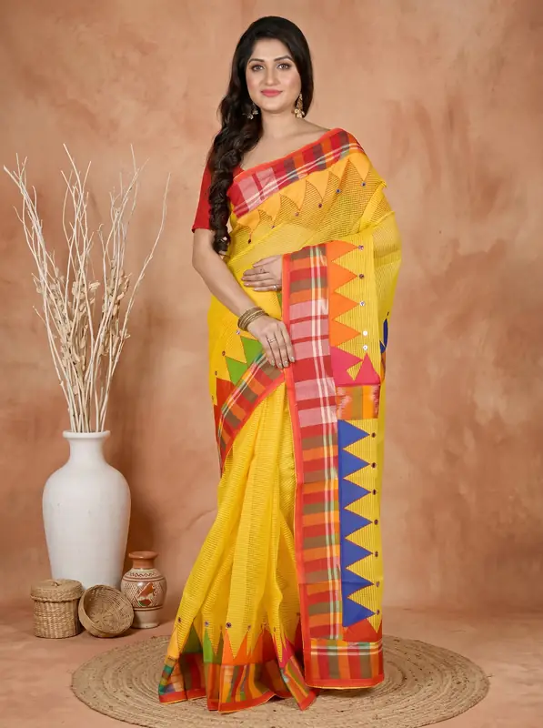 DipDiya Blended Cotton Yellow Aplika Mix Bengal in Every Thread Applique Sarees