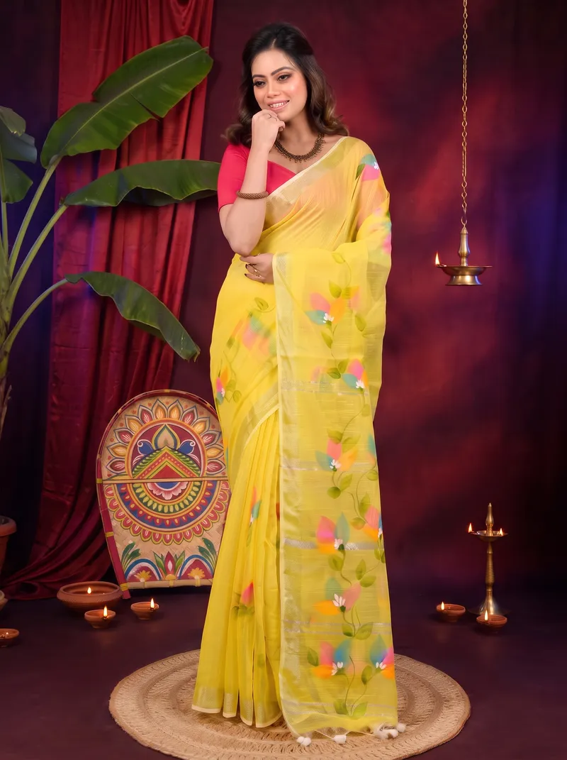 DipDiya Blended Cotton Yellow Finesi Masterfully Woven Hand Painted Sarees