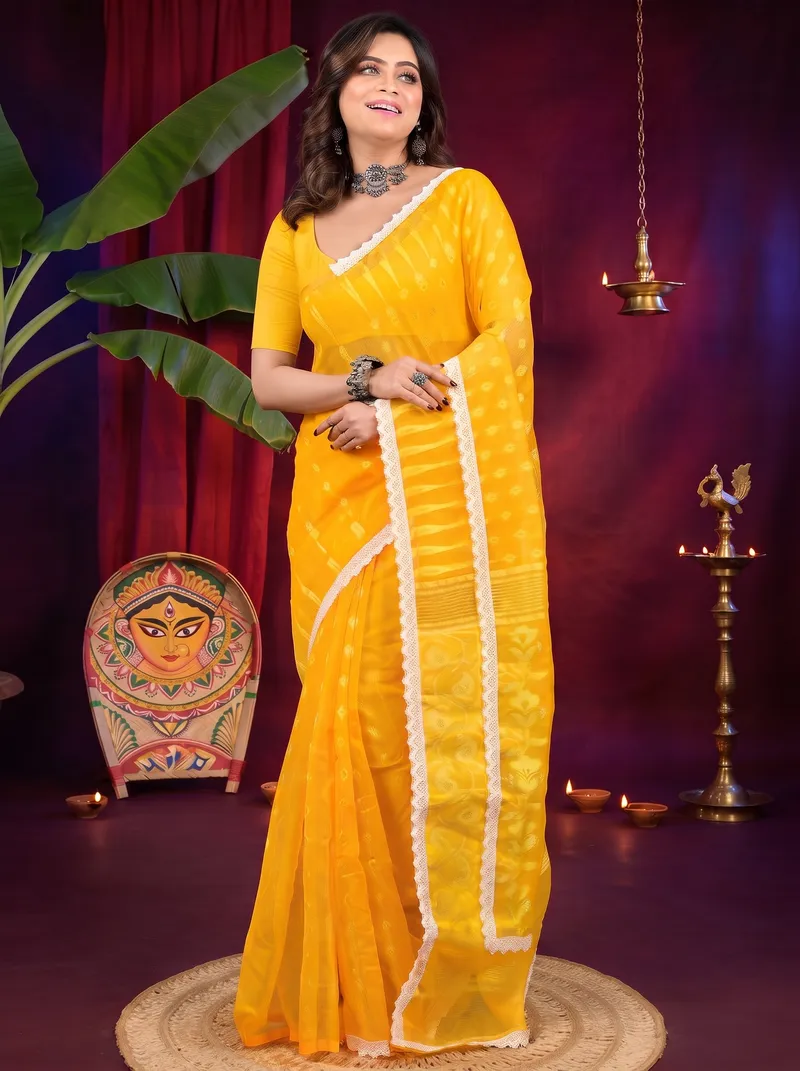 DipDiya Blended Cotton Yellow Fipui A Legacy Woven Jamdani Sarees