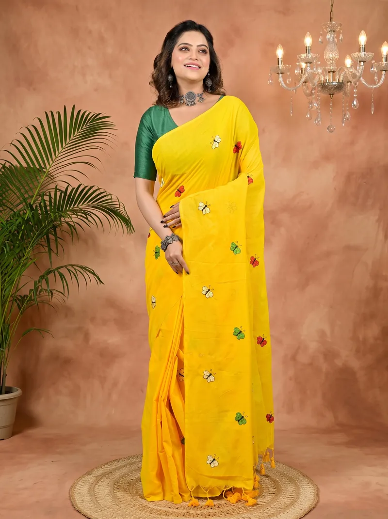 DipDiya Blended Cotton Yellow Foyeli Masterfully Woven Embroidery Handloom sarees