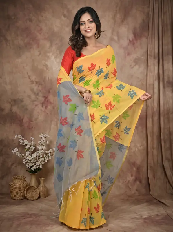DipDiya Blended Cotton Yellow Grey Pisha The Bengali Classic Handloom Sarees