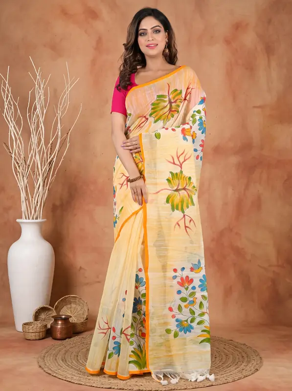 DipDiya Blended Cotton Yellow Korma Heritage You Can Wear Printed Handloom Sarees