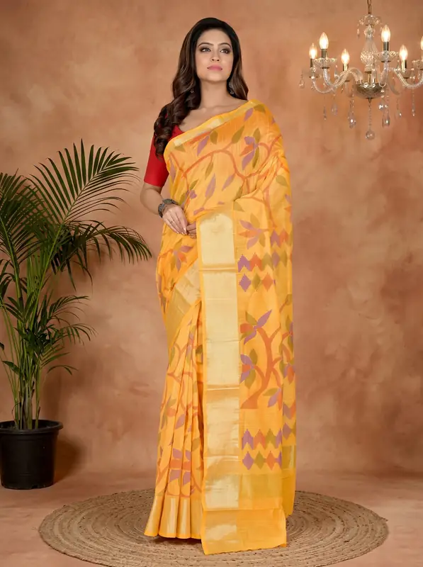 DipDiya Blended Cotton Yellow Narento Timeless Bengal Handloom Sarees