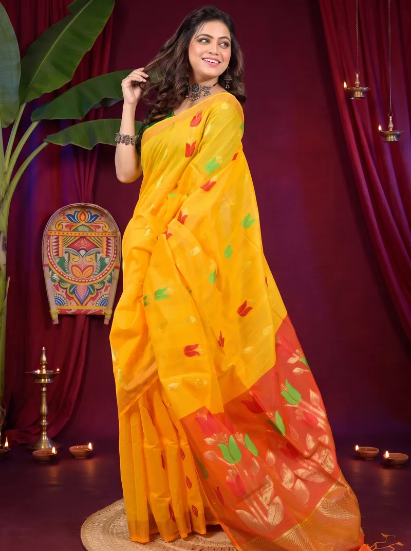 DipDiya Blended Cotton Yellow Red Foyani Handcrafted Elegance Handloom Sarees