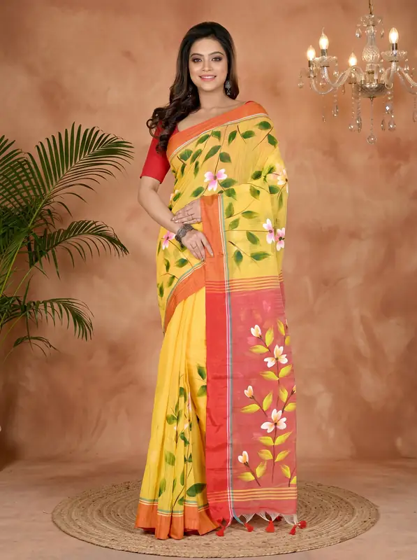DipDiya Blended Cotton Yellow Red Slabakato Heritage You Can Wear Hand Painted Sarees
