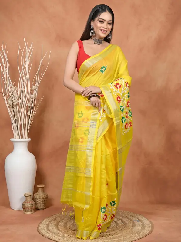 DipDiya Blended Cotton Yellow Samyra Heritage of Bengali Embroidery Handloom sarees