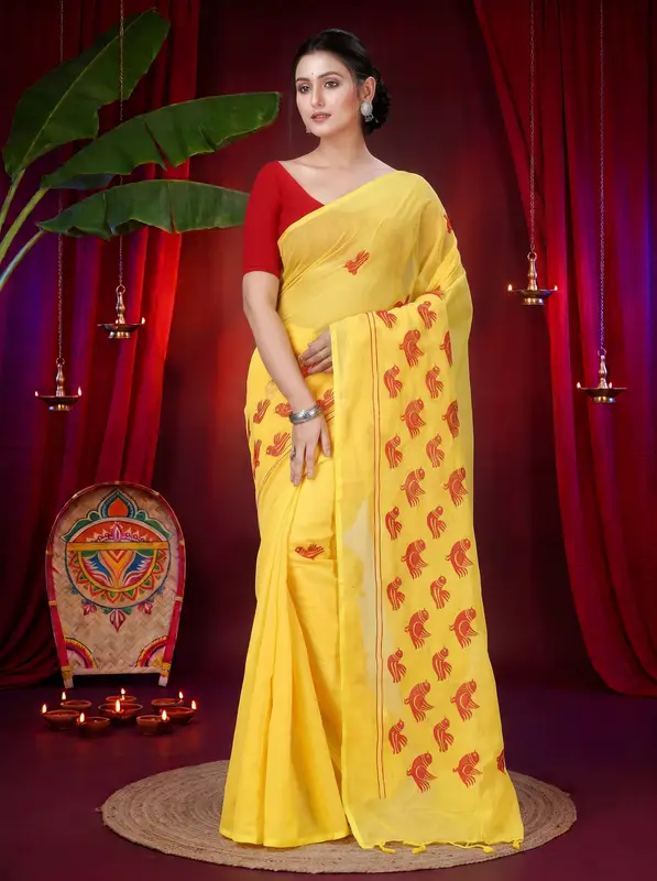 DipDiya Blended Cotton Yellow Thulasi The Bengali Classic Handloom Sarees