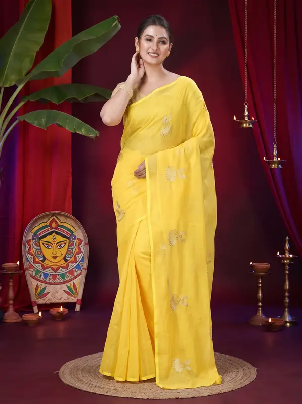 DipDiya Blended Cotton Yellow Tuli Traditional Elegance Handloom Sarees