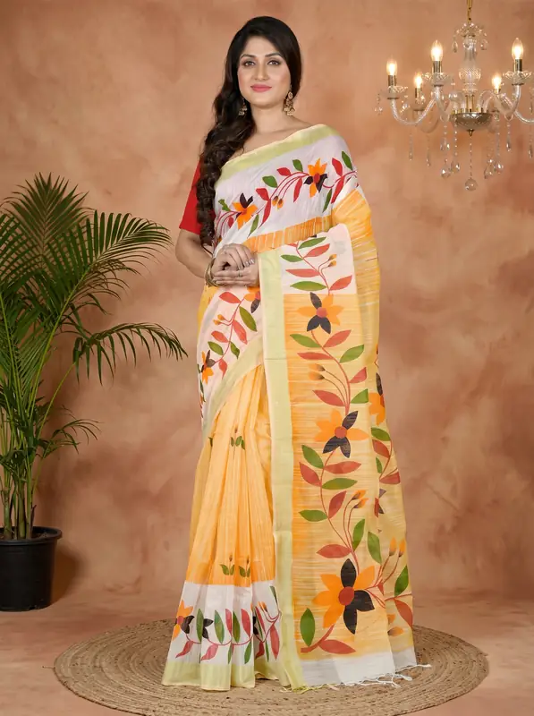 DipDiya Blended Cotton Yellow White Korel Elegant by Tradition Printed Handloom Sarees