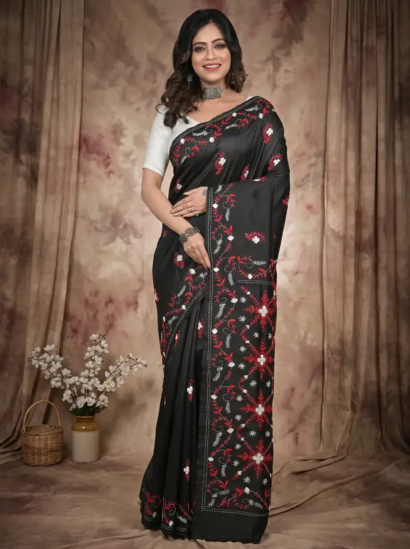 DipDiya Cotton Black Piaja Threads of Tradition Kantha Stitch Sarees