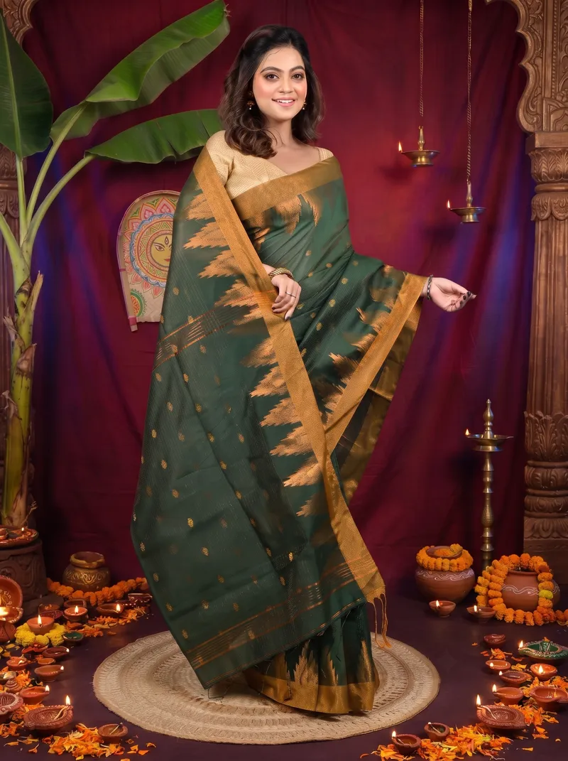 DipDiya Cotton Blend Dark Green Daypi Woven with Love Handloom Sarees