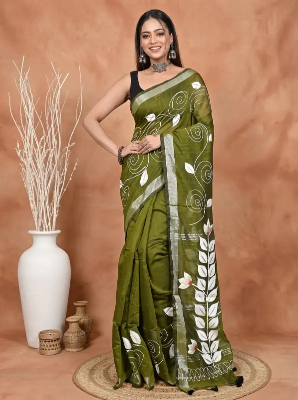 DipDiya Cotton Blend Dark Green Souvar Heritage of Bengali Hand Painted Sarees