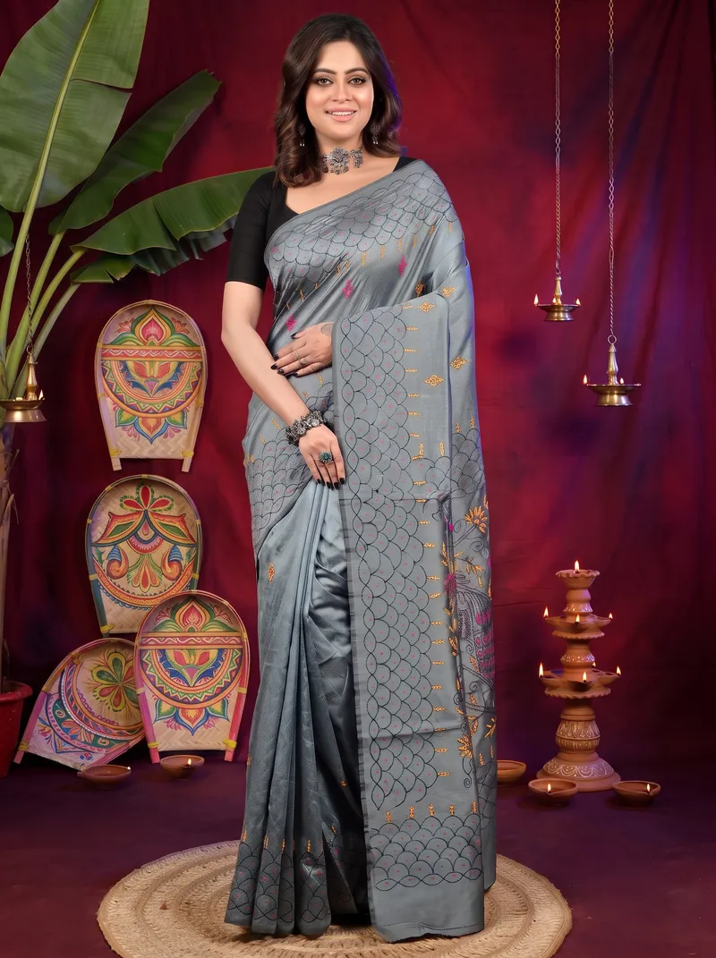DipDiya Cotton Blend Dark Grey Dharai Timeless Elegance Kantha Stitch Sarees