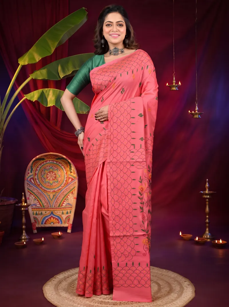 DipDiya Cotton Blend Dark Pink Dharai Threads of Tradition Kantha Stitch Sarees
