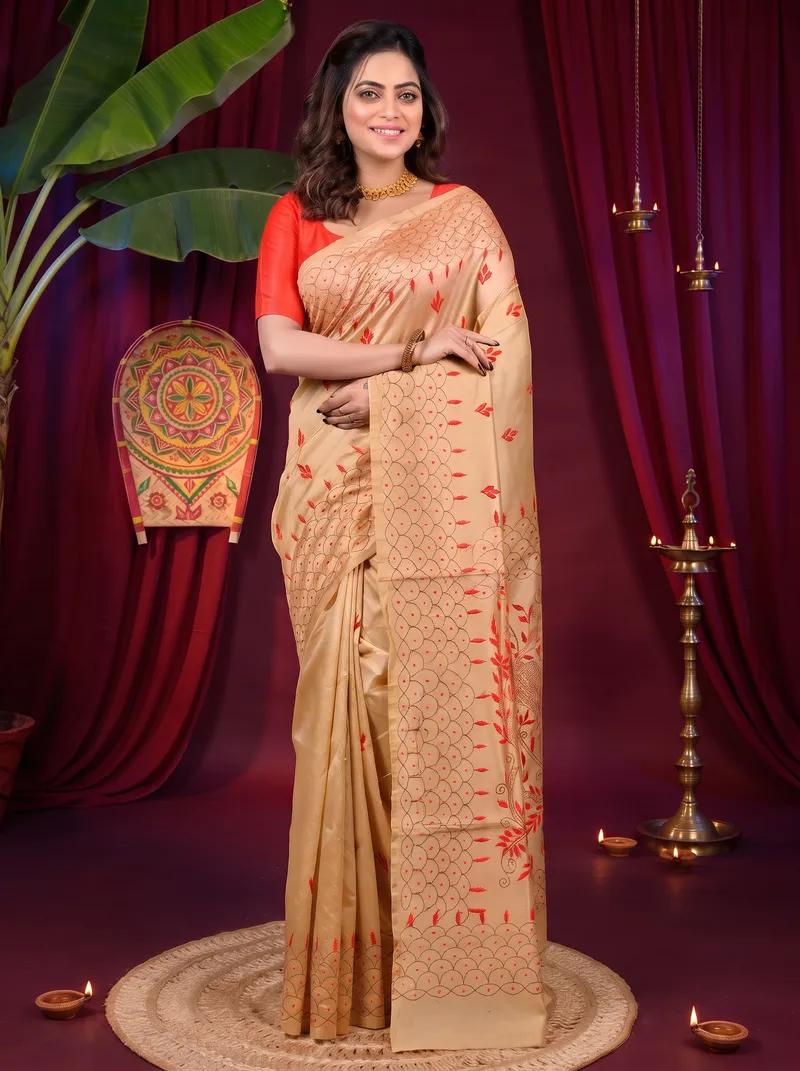 DipDiya Cotton Blend Golden Brown Dharai Timeless Bengal Kantha Stitch Sarees