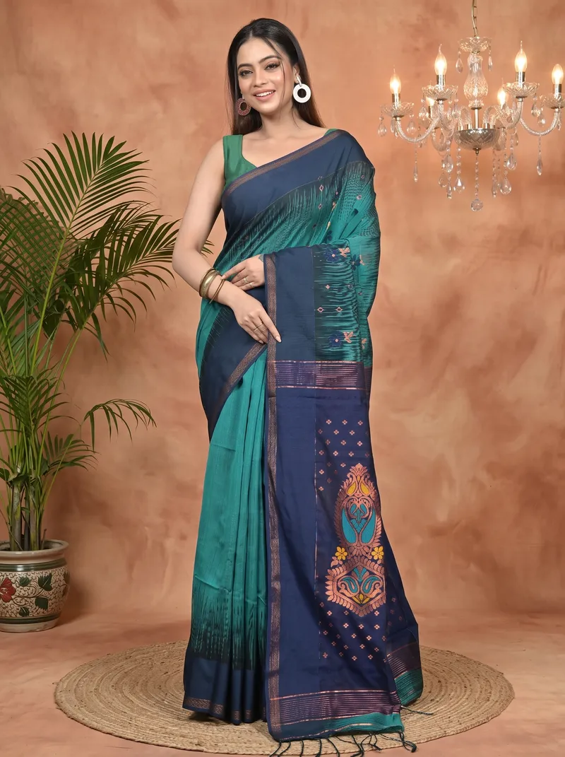 DipDiya Cotton Blend Green Naby Blue Parlkim Regal Bengali Ikkat Jharna Sarees