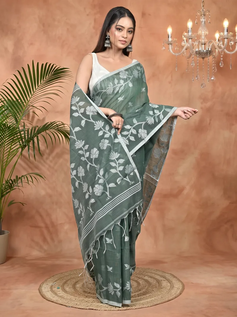 DipDiya Cotton Blend Green Parlon Timeless Bengal Handloom Sarees
