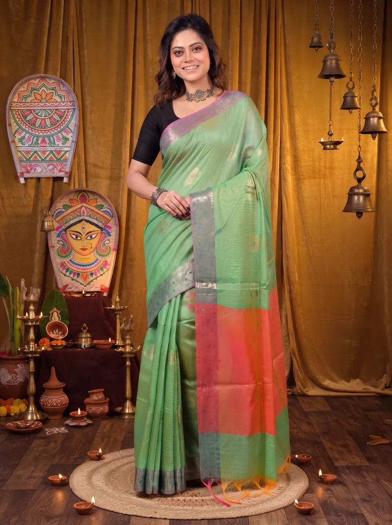 DipDiya Cotton Blend Green Pink Daymin A Legacy Woven Handloom Sarees