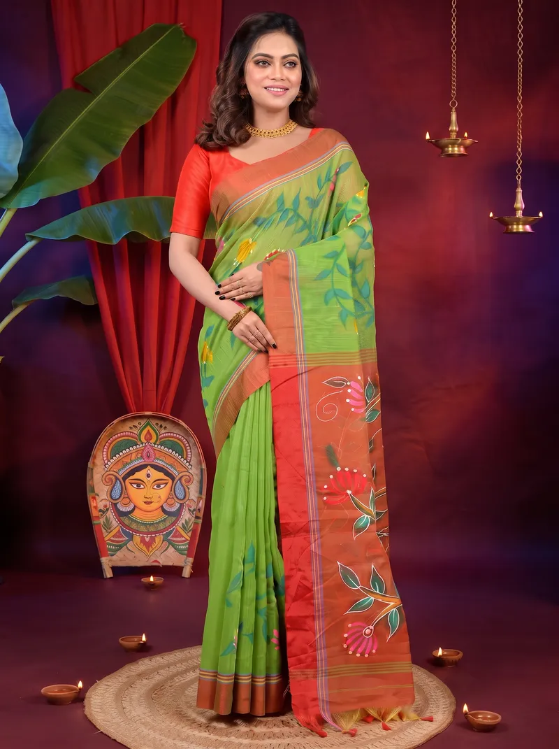 DipDiya Cotton Blend Green Red Deepsi Essence of Bengal Hand Painted Sarees