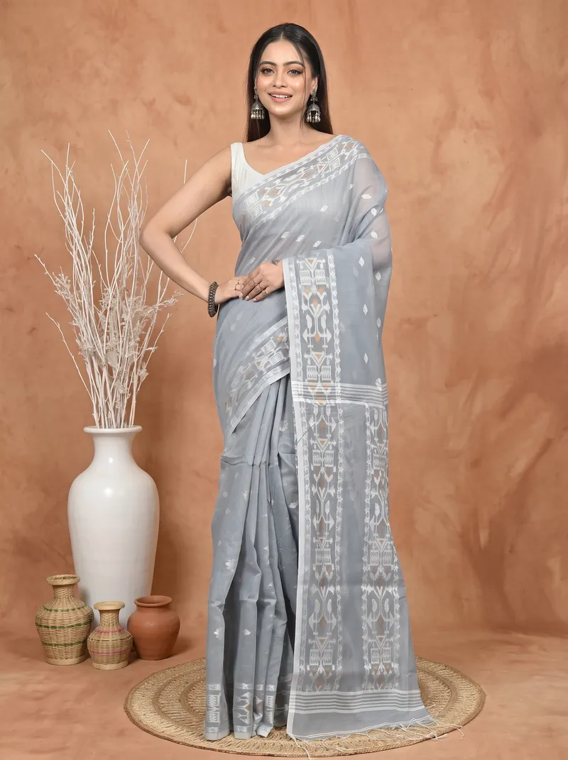 DipDiya Cotton Blend Grey Parlvi Weaves with a Story Handloom Sarees
